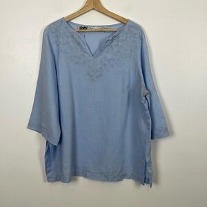 Edward Woman Linen Womens 1X V Neck 3/4 Sleeve Casual Relaxed Fit Blue Tunic Top